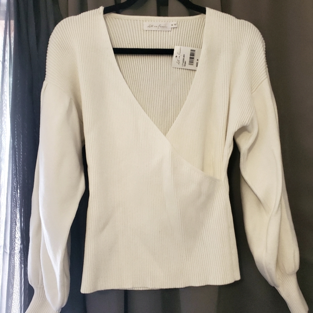All In Favor Faux Wrap Sweater with Puff Sleeves